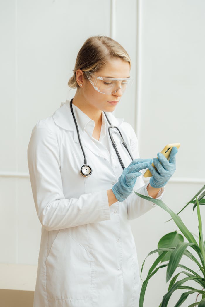 A female doctor wearing protective gear and a white coat checks her smartphone in a medical office.